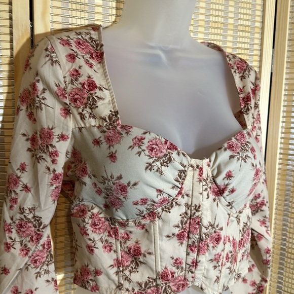Windsor Thin Cropped Pink Roses Corset Top With Bra Cups Front Hooks Small - Picture 5 of 16